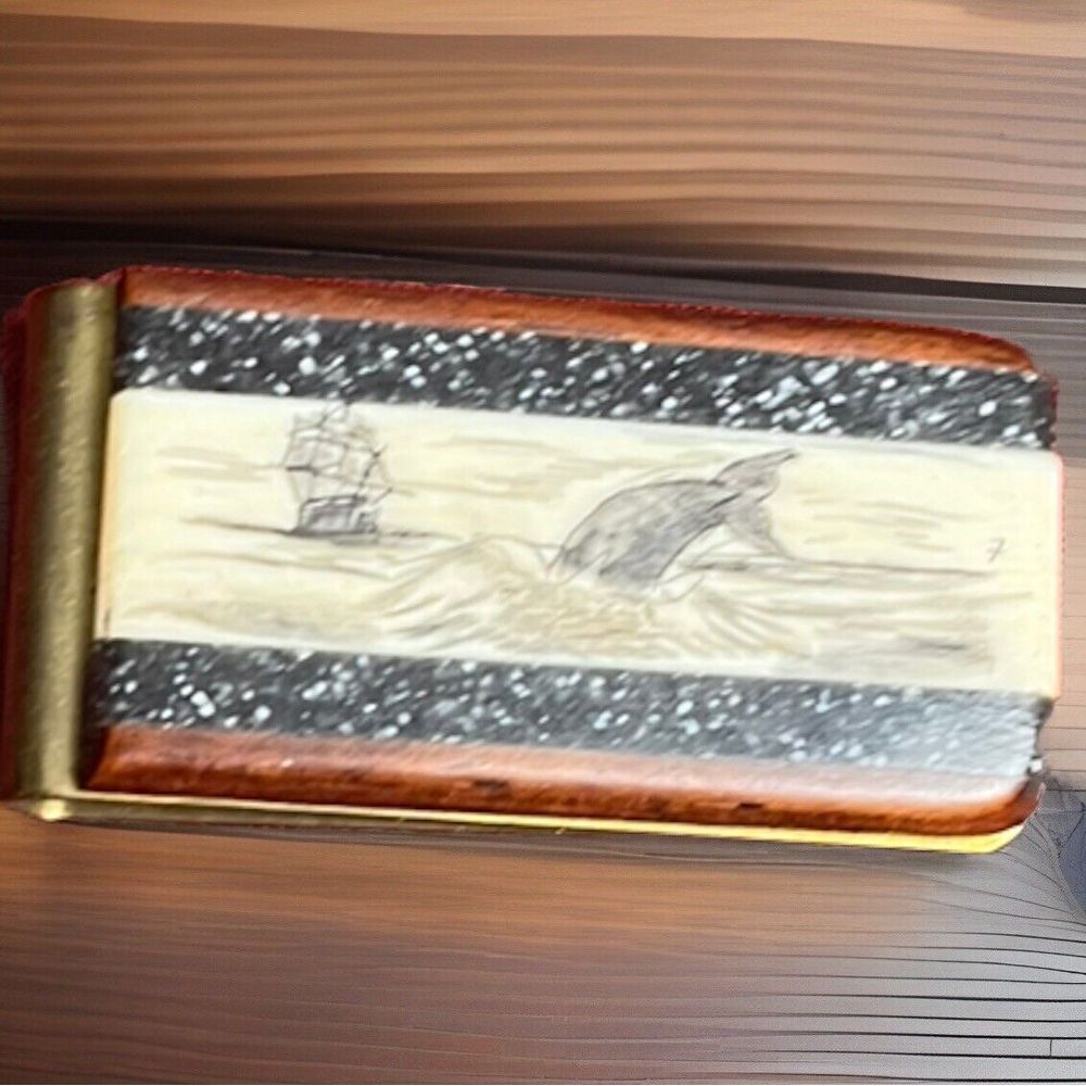 Vintage Scrimshaw Piano Key Ivory & Brass Ship On Sea Money Clip
